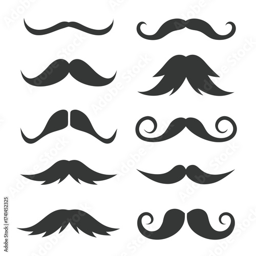 Collection of ten dark grey mustache silhouettes on white background moustaches facial