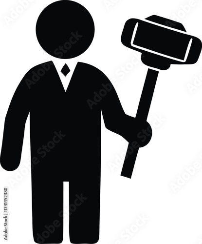 Symbolic depiction of a person in a suit holding a gavel representing justice law legal proceedings arbitration and judgment