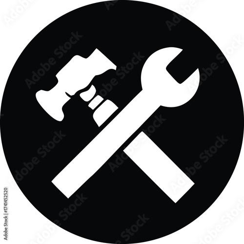 Icon of crossed hammer and wrench inside a black circle representing tools and repair services for general use and industry applications