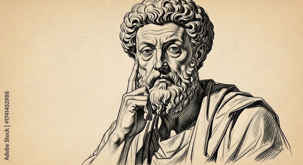 Fototapeta premium Marcus Aurelius Statue on Black Background. Minimalist Roman Emperor in Profound Contemplation. Stoicism & Ancient Philosophy.