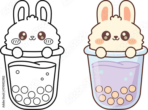 Cute kawaii bunny bubble tea drinks with adorable faces and sweet toppings
