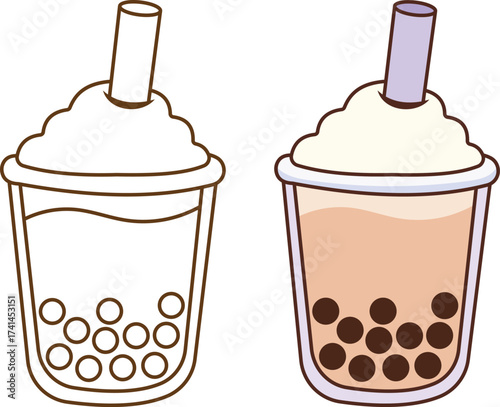 Delicious bubble tea drinks with tapioca pearls and straws on a white background