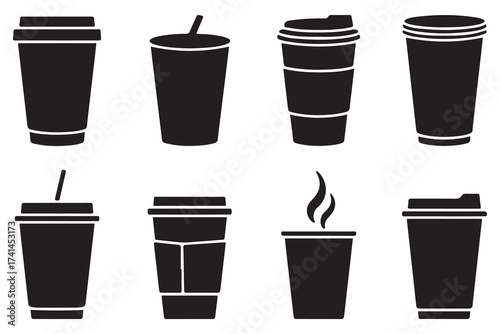 Set of different paper Coffee cups take away. Various disposable cups of coffee to go. Vector Black silhouettes. with white background