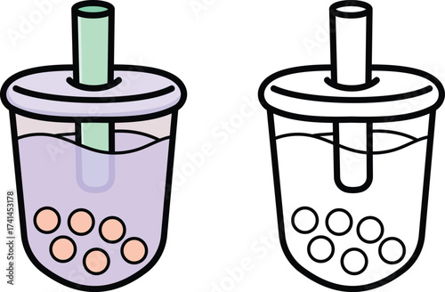 Hand-drawn illustrations of bubble tea drinks with tapioca pearls and straws