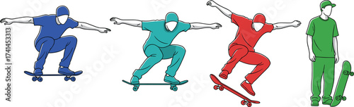 Skateboarding trick illustration, ollie jump sequence, colorful skater vector, extreme sports artwork, urban lifestyle design, skate park concept, youth culture graphic