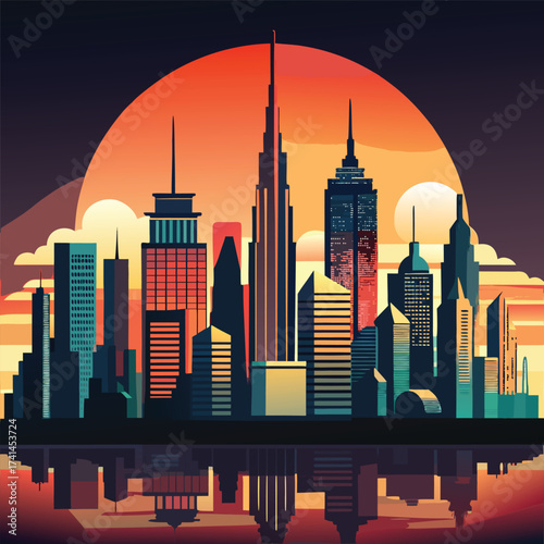 Vibrant cityscape at sunset with skyscrapers reflecting in water surface