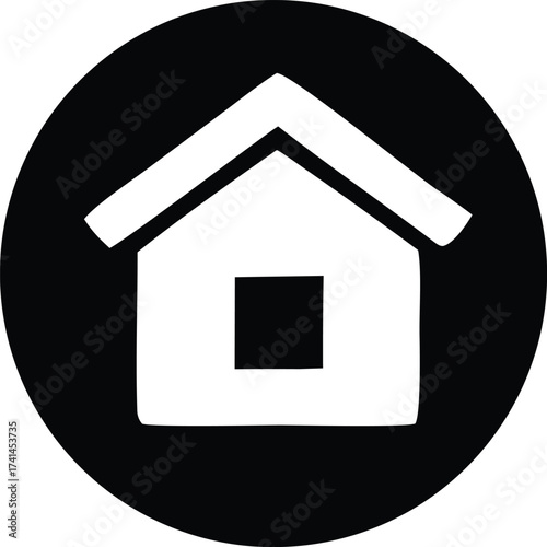 Simple icon of a white house silhouette inside a black circle graphic symbol for home real estate property residence dwelling building