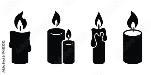 Candle icon black silhouette vector illustration isolated on white background. Silhouette of candle with a flame, often used in birthday celebrations. Vector illustration. EPS 10