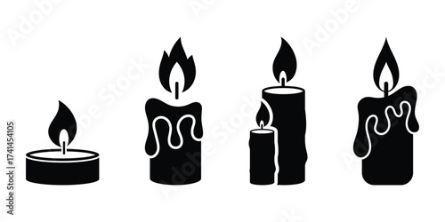 Candle icon black silhouette vector illustration isolated on white background. Silhouette of candle with a flame, often used in birthday celebrations. Vector illustration. EPS 10