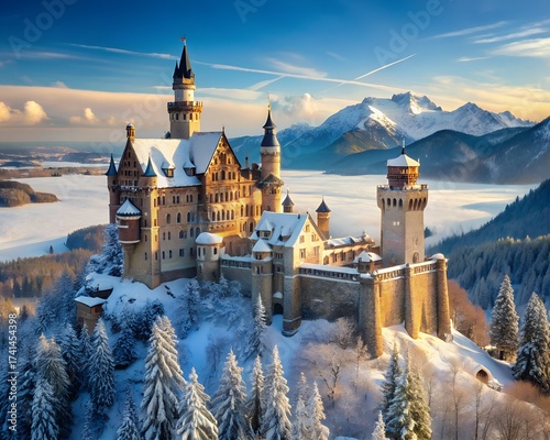 Fairytale castle on snowy mountain peak