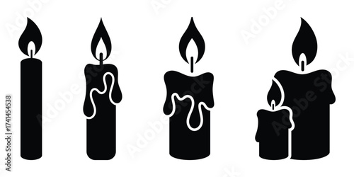 Candle icon black silhouette vector illustration isolated on white background. Silhouette of candle with a flame, often used in birthday celebrations. Vector illustration. EPS 10