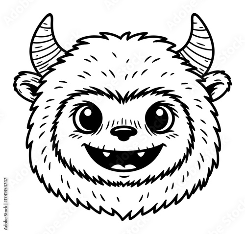 Cute Yetti Monster Head with Horns Smiling Happy Cartoon Style Black and White Outline Line Art Drawing