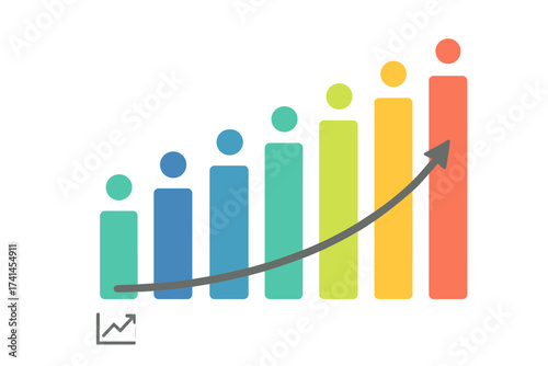 Business data chart with growth arrow. Infographic graph with colorful bars as steps, options or processes. Vector template for presentation. Concept of progress, success, career.