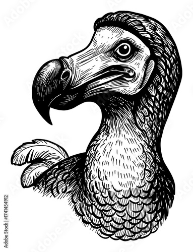 Dodo Bird Head Bust Extinct Animal Engraving Vintage Black and White Outline Line Art Drawing