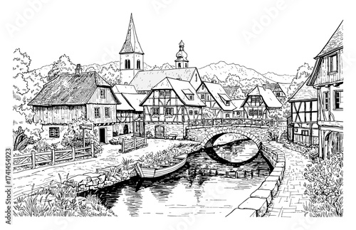 European Village Landscape River Bridge Traditional Houses Coloring Book Style Black and White Outline Line Art Drawing