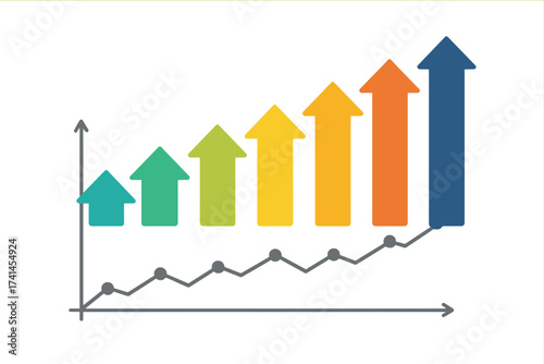 Business data growth chart with 6 rising arrow steps. Vector diagram for presentation. Abstract financial graph showing upward trend, progress, success, and market analysis.