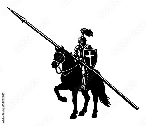 Knight with Spear Shield Riding Horse Silhouette Logo Black and White Outline Line Art Drawing