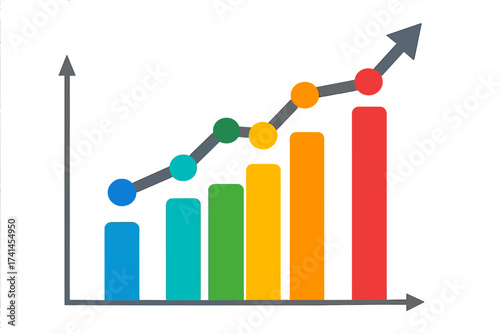 Business data financial analysis bar chart. Vector infographic with colorful graph showing growth and progress. Arrow up signifies success, development and company profit.