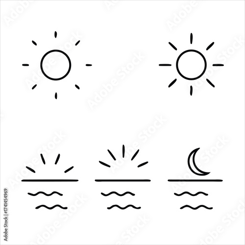 "Sunrise, Sun, and Moon Vector Icon Set. Day and Night Cycle, Weather Conditions, and Time Symbols. Celestial Elements and Natural Rhythms. Isolated Line and Solid Illustration
