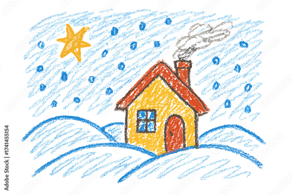 Naklejka premium Colorful childish drawing of snowy winter village landscape with house and stars made with crayons or pencils - Used in Christmas scenes greeting cards and seasonal illustrations