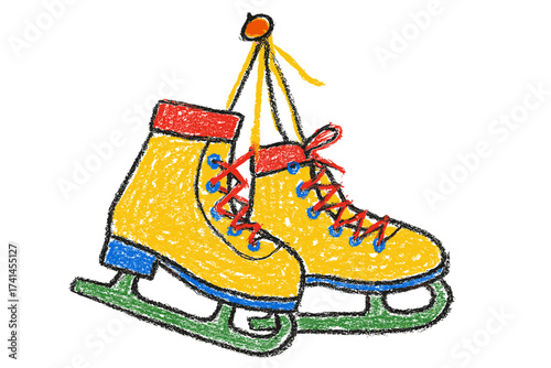 Colorful childish drawing of yellow-red ice skates with laces made with crayons or pencils - Used in Christmas cards winter design and children’s activities