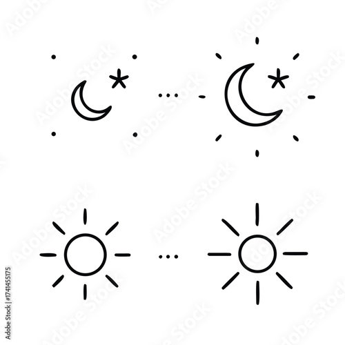 Editable Black Outline Stroke, Four Unique Vector Designs of Sun and Moon. Isolated Celestial Symbols for Day and Night Concept Illustration