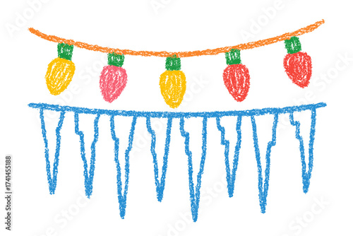 Colorful childish drawing of hanging Christmas lights in red green and yellow made with crayons or pencils - Used in holiday cards decor elements and festive designs