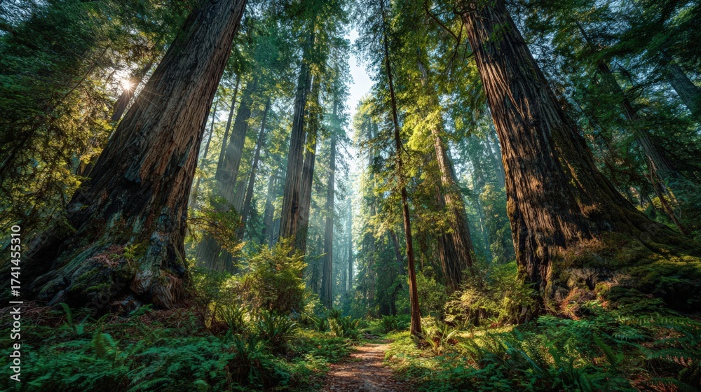 Obraz premium Towering ancient redwoods, sunlight filters, lush forest floor, serene nature embrace