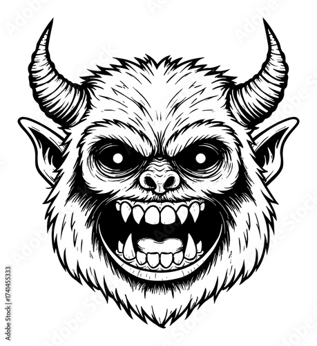 Scary Yeti Monster Head with Fangs Horns Aggressive Face Black and White Outline Line Art Drawing