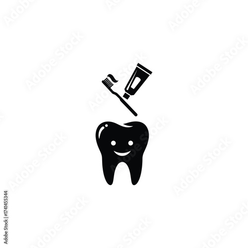 Happy tooth with toothbrush and toothpaste, promoting dental hygiene, oral care, and a healthy smile with a cheerful design