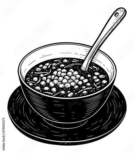Traditional Chili Corn Carne Soup Meal in Bowl with Spoon Black and White Outline Line Art Drawing