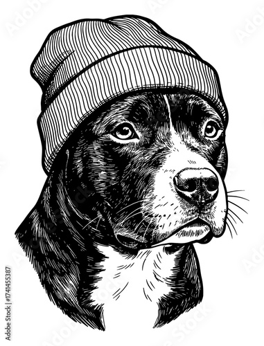 Black Pitbull dog wearing a beanie hat head shot close up Black and White Outline Line Art Drawing