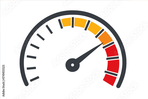 Speedometer vector icon. High speed, performance measurement gauge. Risk level indicator. Car dashboard element. Maximum speed, danger zone concept. Fast power level meter.