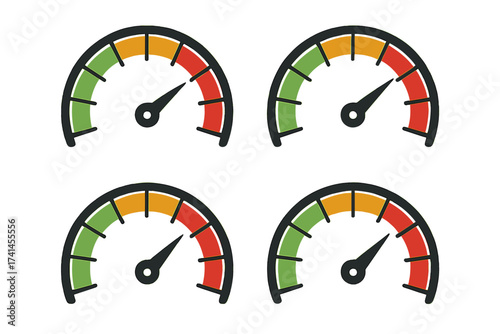 Speedometer icon set. Gauge meter collection for performance measurement. Dashboard rating from low to high risk. Vector credit score indicator. Progress level scale symbol.