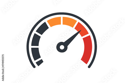 Speedometer icon vector. High speed and risk meter. Performance measurement concept. Fast power indicator. Gauge or tachometer for car dashboard. Progress or credit score level.