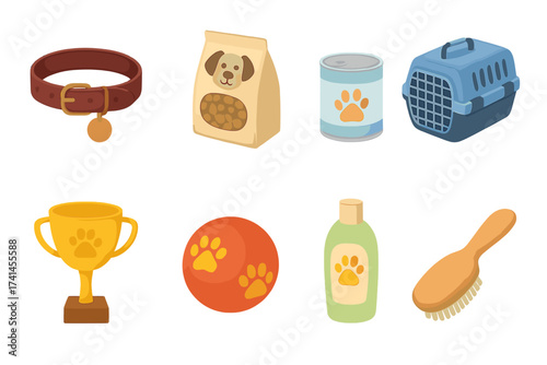 Pet shop icon set with dog and cat care accessories. Vector collection of pet supplies including food, collar, toy ball, carrier, grooming brush, and shampoo for web or print.