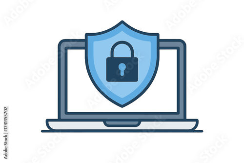 Cybersecurity concept with laptop and shield. Internet security, data protection, and privacy metaphor. Antivirus software or firewall protecting computer from cyber attack.