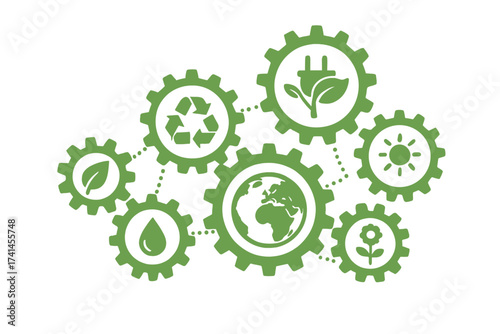 Ecology mechanism with connected gears, eco-friendly icons, renewable energy, environment protection, green recycling, bio sustainability, clean energy, earth, nature