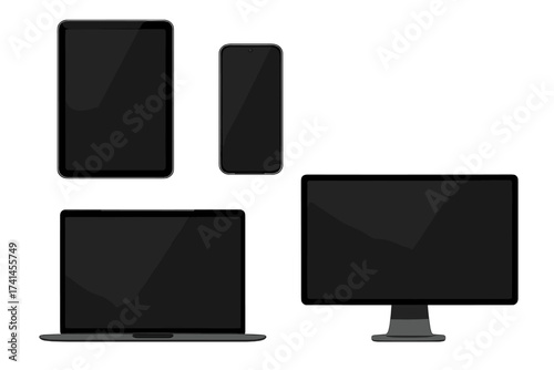 Realistic vector electronic devices set. Laptop, PC monitor, tablet, and smartphone with shiny blank black screens. Modern digital gadget mockup collection isolated on white.
