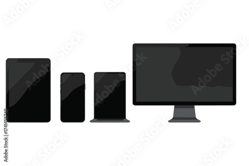 Device mockup set for presentation. Realistic laptop, pc monitor, tablet and mobile phone with blank black screen. Responsive web design template. Vector gadget illustration.