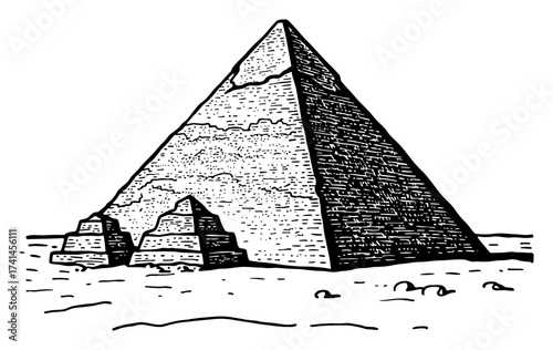 Great Giza Pyramid Complex Ancient Egyptian Landmark Black and White Outline Line Art Drawing