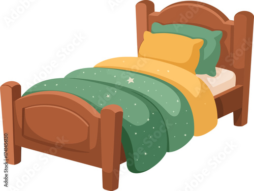 Cute Children’s Wooden Bed with Green and Yellow Bedding Vector Illustration