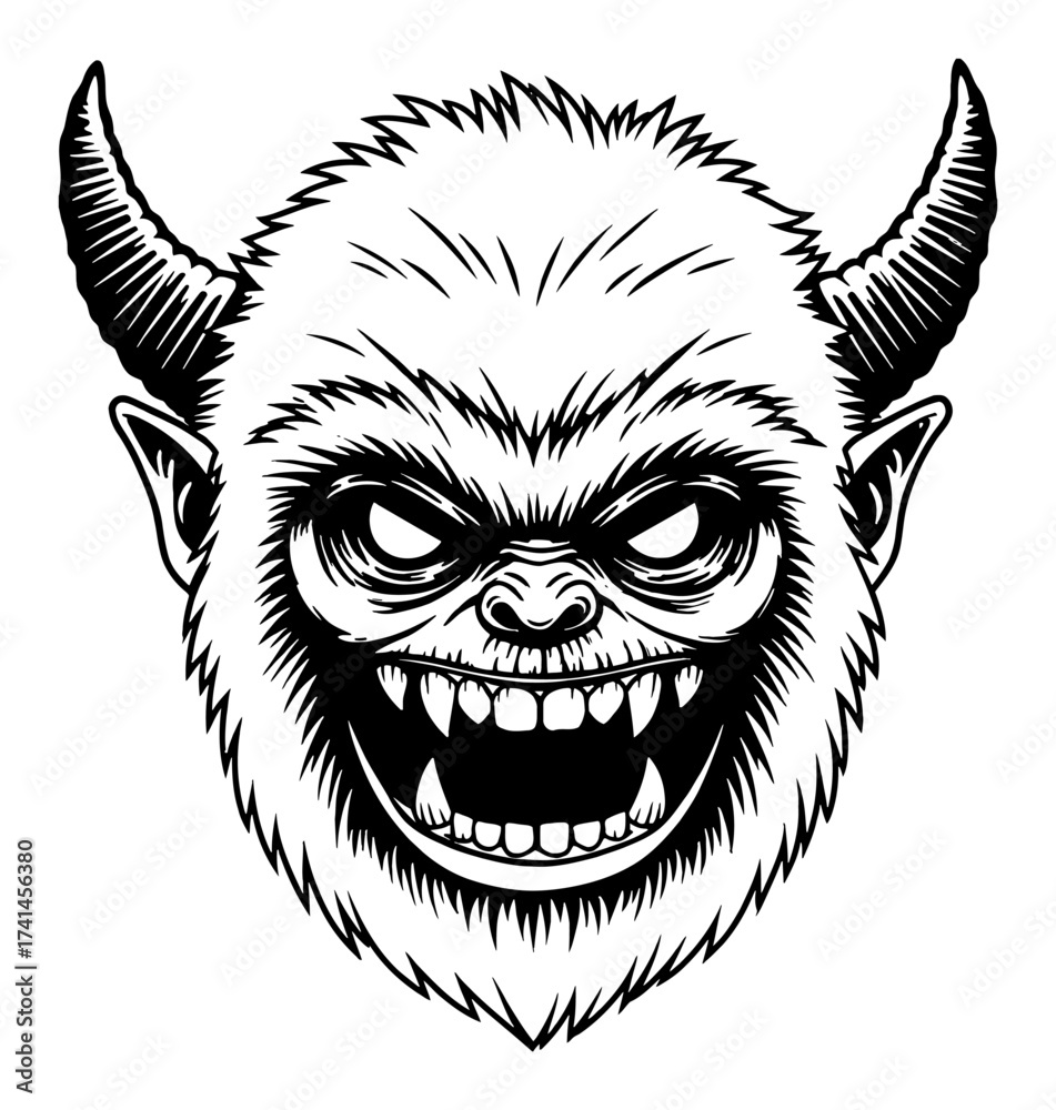 Fototapeta premium Scary Yeti Monster Head with Horns Aggressive Black and White Outline Line Art Drawing Vector Illustration