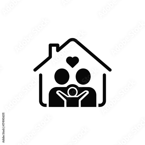 Parenting icon showing a family inside a house with a heart