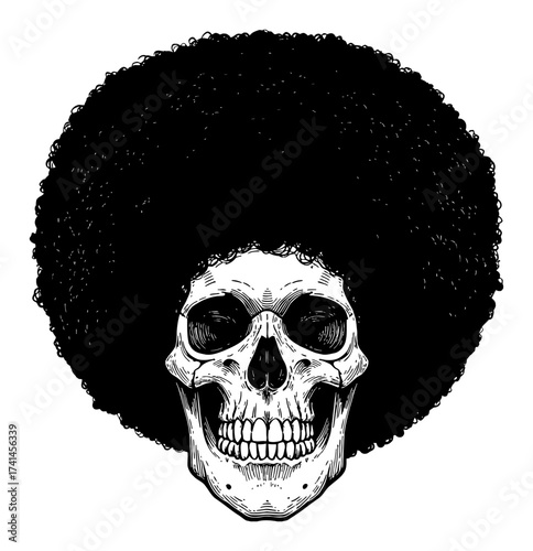 Funky Human Skull Wearing Huge Afro Hairstyle Black and White Outline Line Art Drawing Engraving Vintage