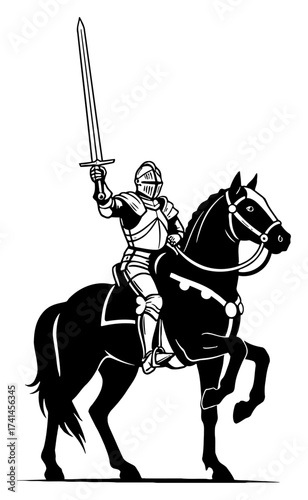 Medieval Knight Warrior Riding Horse with Raised Sword Black and White Outline Line Art Drawing