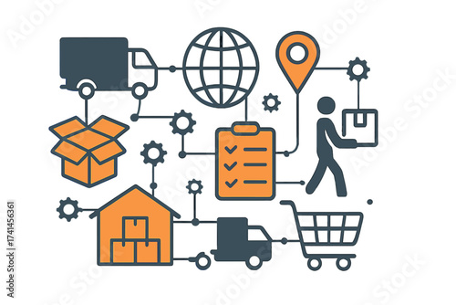 Logistics and supply chain management concept. Vector illustration of distribution, delivery, shipping, and global transport. E-commerce order fulfillment process from warehouse to customer.