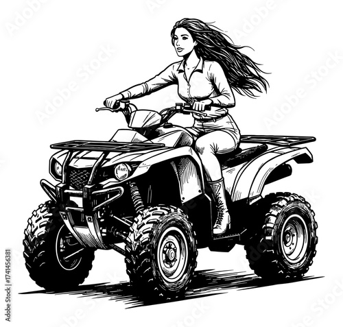 Sexy Woman with Flowing Long Hair Riding Quad Bike ATV Side View Black and White Outline Line Art Drawing