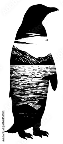 Antarctica Landscape Double Exposure Inside Penguin Silhouette Black and White Outline Line Art Drawing