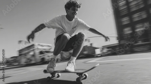 Skateboarding action urban street photography bright daylight low angle youthful energy